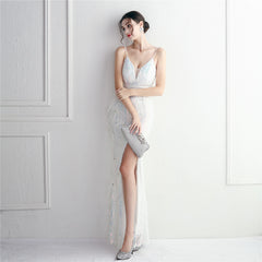 Feathered Sequined Split Maxi Dress