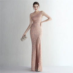 One-Shoulder Sequined Fishtail Split Maxi Dress