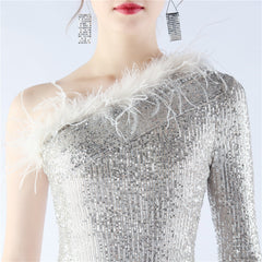 One-Shoulder Sequined Feather Dress