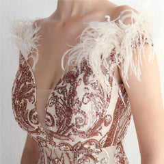 Off-Shoulder Sequined Feather Maxi Dress