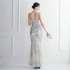 Elegant Sequin Beaded Fishtail Maxi Dress