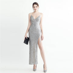 Beaded Sequin Side-Slit Maxi Dress