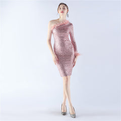 One-Shoulder Sequined Feather Dress