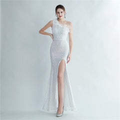 One-Shoulder Sequin Feather Maxi Dress
