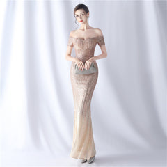 Off-Shoulder Sequined Fringe Maxi Dress