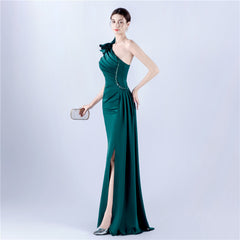 One-Shoulder Beaded Rhinestone Maxi Dress