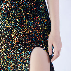 Off-Shoulder Sequin Feather Maxi Dress