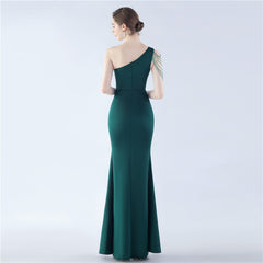 Beaded One-Shoulder Diagonal Collar Maxi Dress