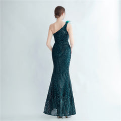 One-Shoulder Sequin Feather Maxi Dress