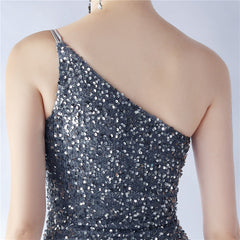 Ostrich Feather One-Shoulder Sequined Maxi Dress