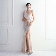 Sequined One-Shoulder Fishtail Maxi Dress