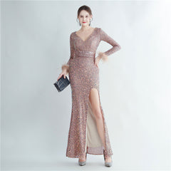 Sequined Feather Cuff Fishtail Maxi Dress