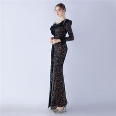 One-Shoulder Ostrich Feather Sequin Maxi Dress