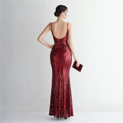 V-Neck Sequin Lace Maxi Dress