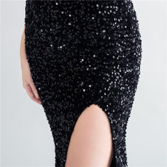 Sequin Boned Strapless Split Maxi Dress