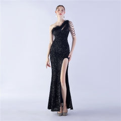 One-Shoulder Ostrich Hair Maxi Dress