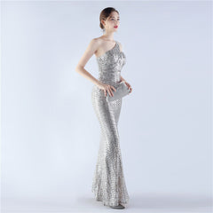 Sequin Beaded One-Shoulder Maxi Dress