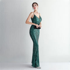 V-Neck Sequin Lace Maxi Dress