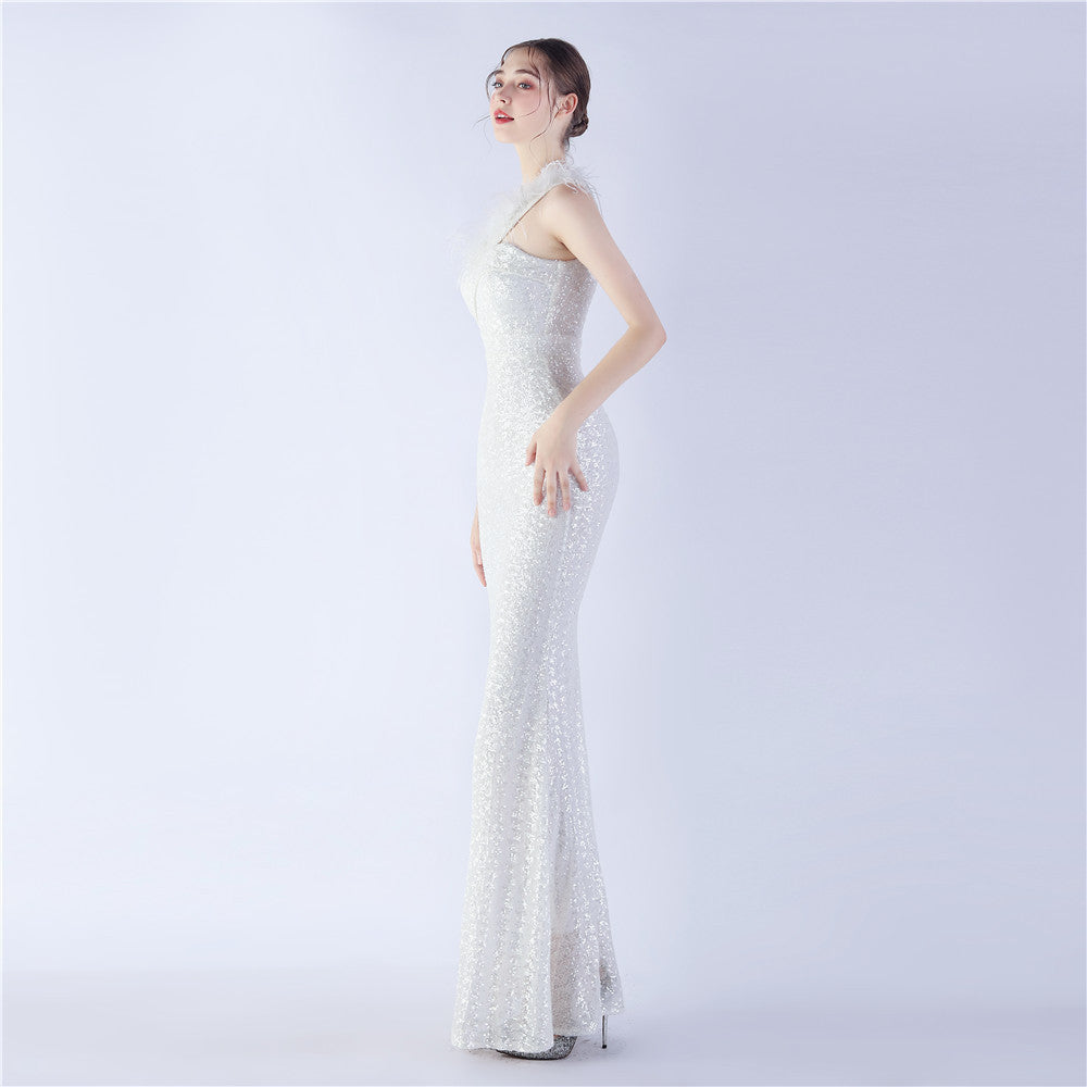 Asymmetric One-Shoulder Sequined Maxi Dress