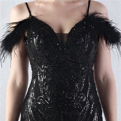 Feathered Sequin Maxi Dress