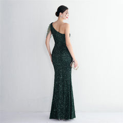 One-Shoulder Sequined Beaded Fishtail Maxi Dress