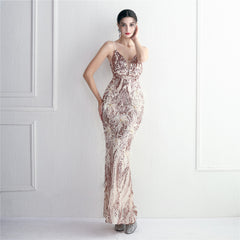 Elegant Sequin Beaded Fishtail Maxi Dress