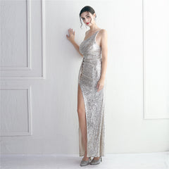 Sequin One-Shoulder Fishtail Maxi Dress