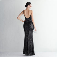 V-Neck Sequin Lace Maxi Dress