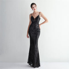 V-Neck Sequin Lace Maxi Dress