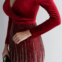 Sequined V-Neck Long-Sleeve Fishtail Dress
