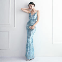 V-Neck Sequined Beaded Maxi Dress