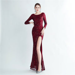 Sequined Split Long-Sleeve Maxi Dress