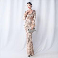 V-Neck Ostrich Feather Sequin Maxi Dress
