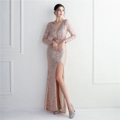 Sequined Long-Sleeve Fishtail Maxi Dress