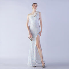 One-Shoulder Ostrich Hair Maxi Dress