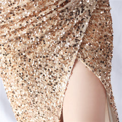 One-Shoulder Beaded Sequin Split Maxi Dress