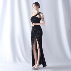 One-Shoulder Beaded Sequin Split Maxi Dress