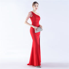 Beaded One-Shoulder Maxi Dress