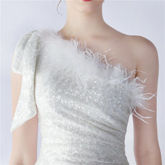 Sequined One-Shoulder Ostrich-Feather Maxi Dress