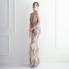 Elegant Sequin Beaded Fishtail Maxi Dress