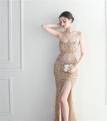 Lace-Up Sequin Split Maxi Dress