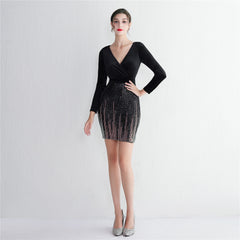 Sequined V-Neck Long-Sleeve Fishtail Dress