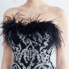 Ostrich Feather Strapless Maxi Dress