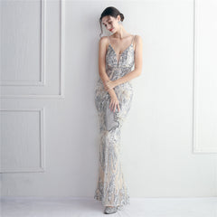 Elegant Sequin Beaded Fishtail Maxi Dress