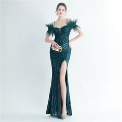 Ostrich Feather Sequined Maxi Dress