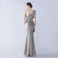 Sequined One-Shoulder Ostrich-Feather Maxi Dress