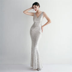 Sequined Fringe Fishtail Maxi Dress