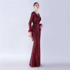 Ostrich Feather Sequin Maxi Dress