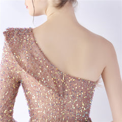 One-Shoulder Ostrich Feather Sequin Maxi Dress