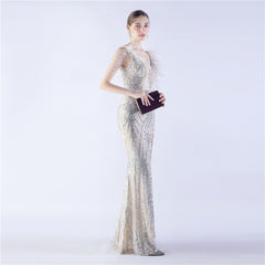 Ostrich Feather Beaded Maxi Dress